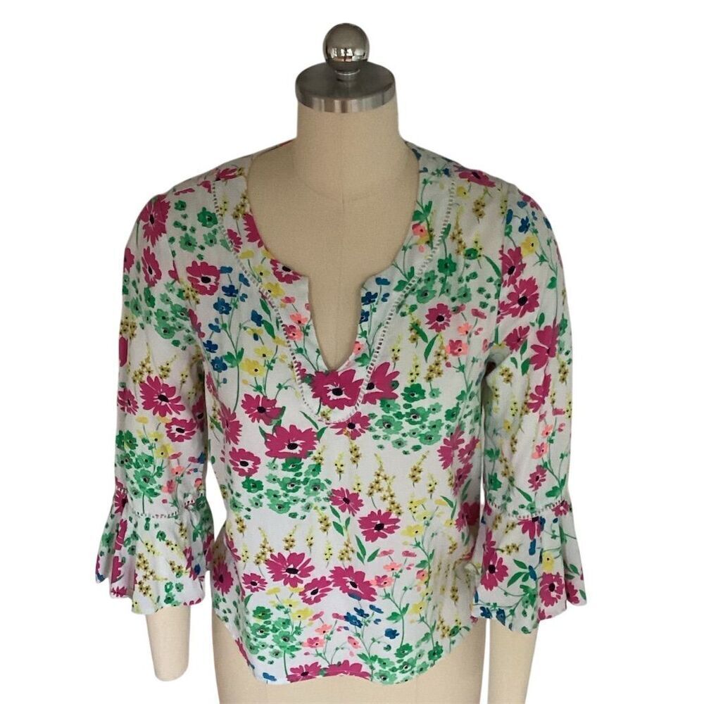 Crown & Ivy Petite Floral Bell Sleeve Blouse V-Neck Multicolor PS - Picture 7 of 8